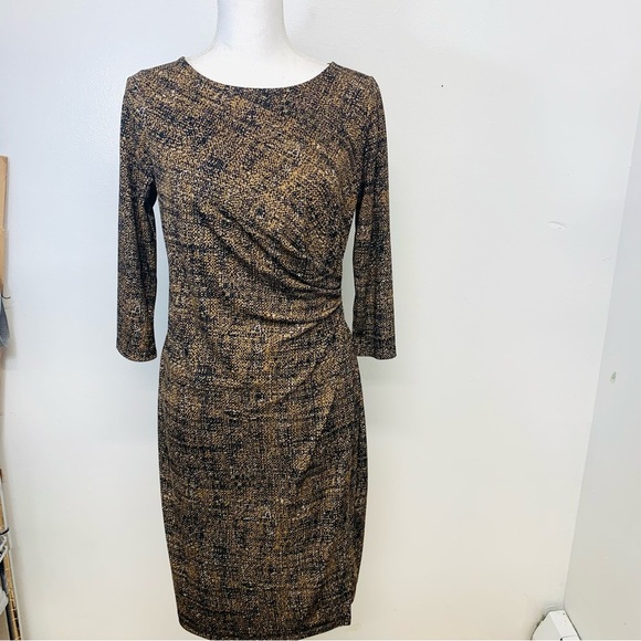 Talbots Midi Dress  MP Brown Print Ruched  3/4 Sleeve Stretch Office Travel Work - Picture 1 of 8